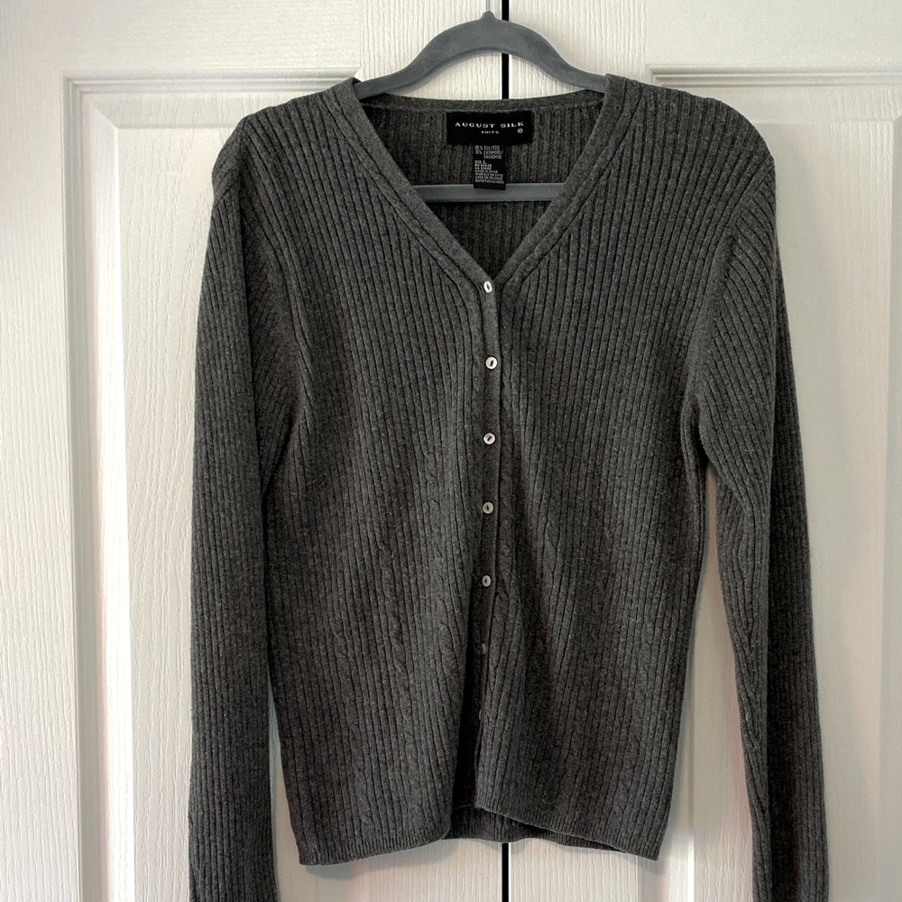 august silk Ribbed Button-Front Sweater Cardigan in Dark Gray